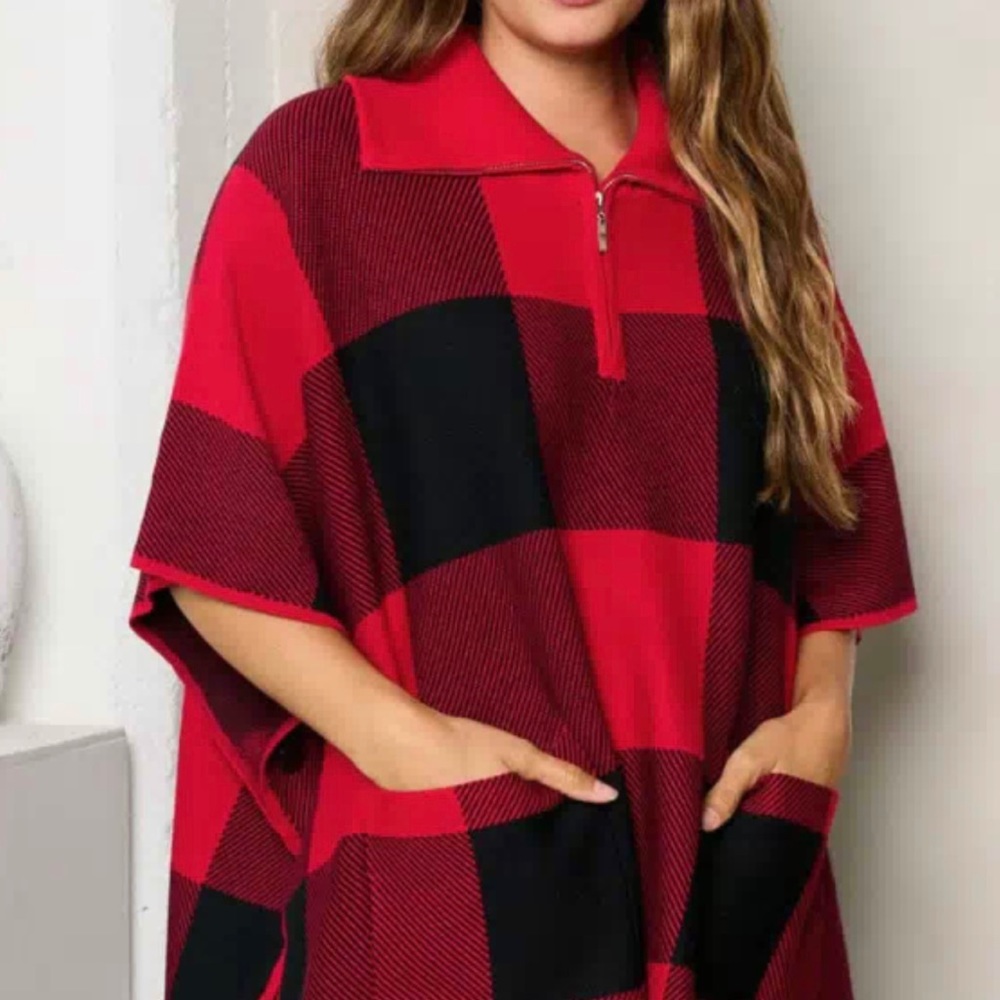 Red & Black plaid Poncho Sweater - Picture 3 of 4